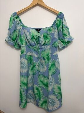 Missguided Blue and Green Tropical Leaf Mini Dress with Puff Sleeves